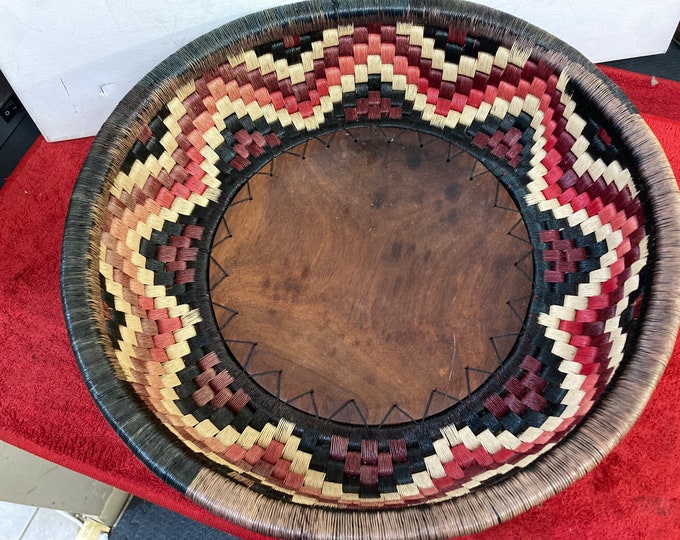 ETHNIC Carved Wood Bottom Grass Basket Bowl . Indian Decor