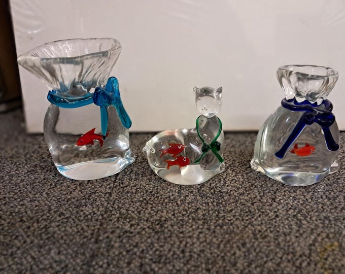 Three Vintage  Murano Paperweights , 2 Fish in The Bag and  A Cat