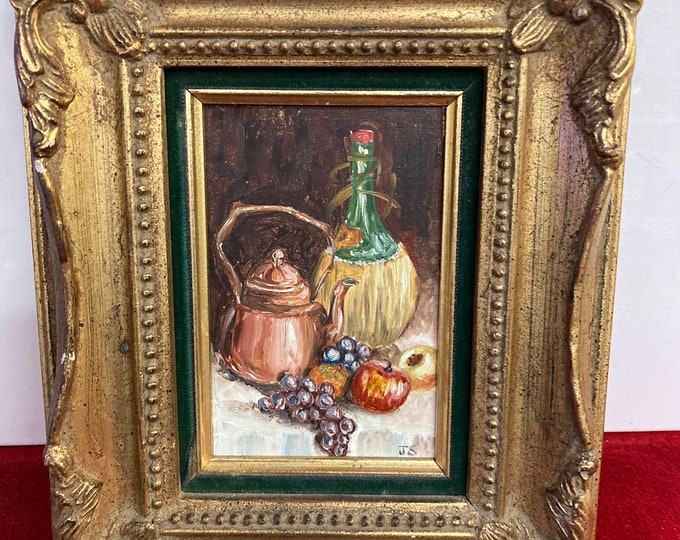 Mid-Century Framed Acrylic Still Life Painting, Fruit, Wine, Tea Kettle
