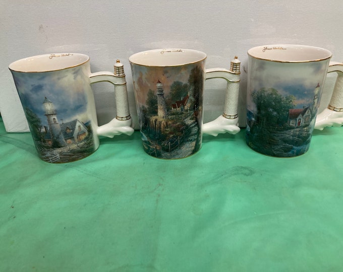3  Thomas Kinkade's Seaside Inspirations Heirloom Porcelain Mug Collection
