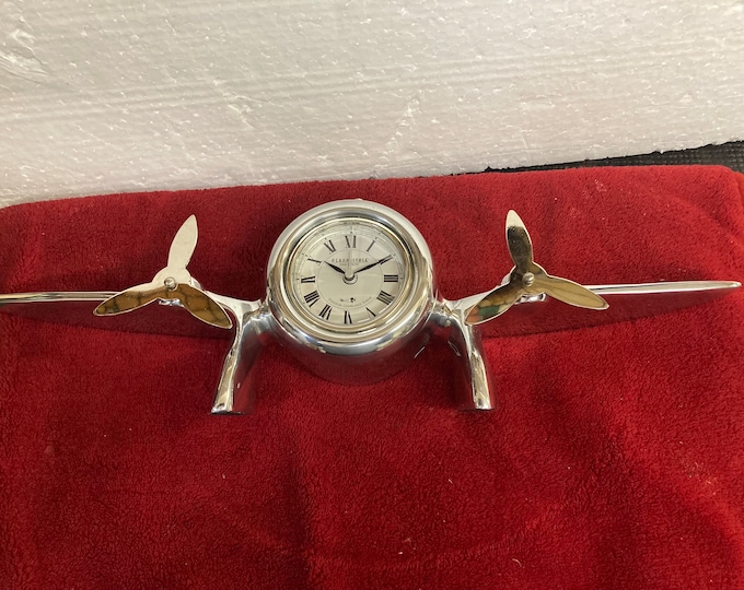 Table Clock Mantel Alarm Metal Silver with Engraving Aeroplane  Decor Propeller