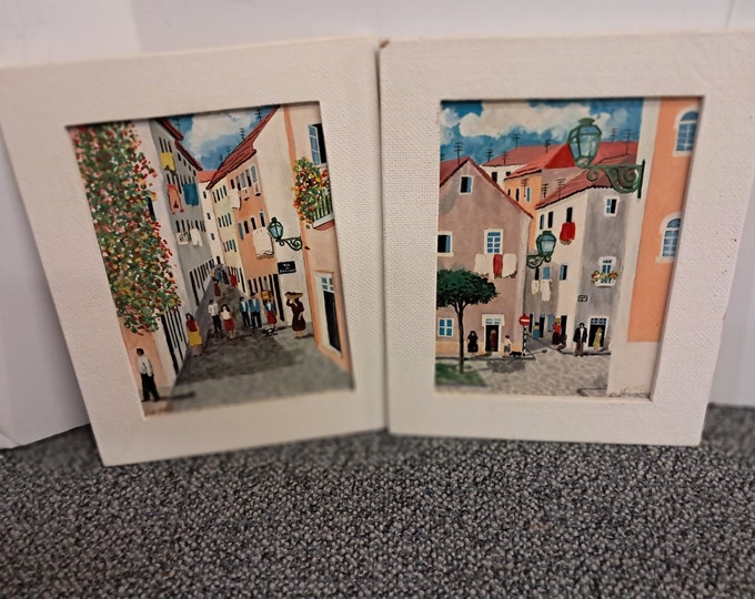 Two,Street in Alfama Neighborhood Lisbon Portugal in Watercolor onBoard by Stelo