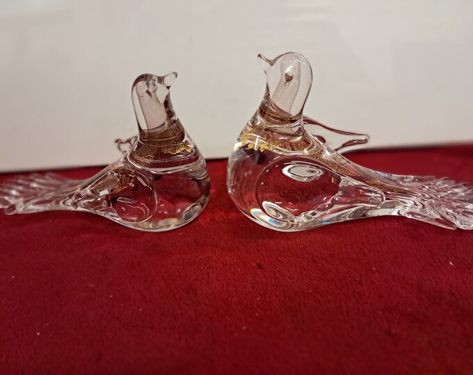 TWO , Fifth Avenue Crystal "Aura" Lilac Bird With Gold Flecks ,Collectible Glass