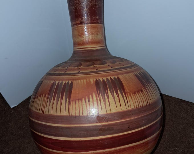 Vintage Mexican Folk Art Pottery Vase 12" Tall ,Brown Tan Hand Painted