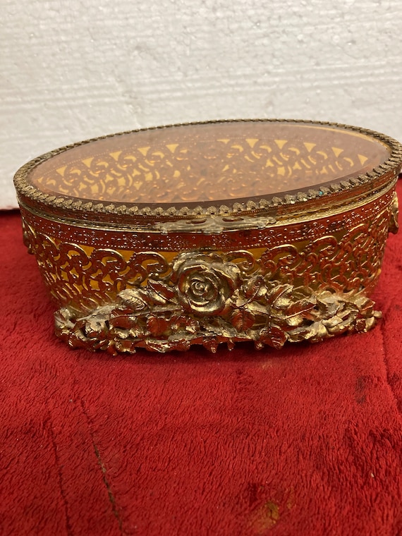 Antique Gold Ormolu Filigree Glass Casket Jewelry 