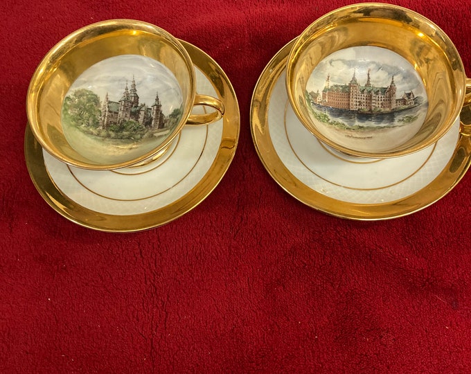 2 Sets of Rare  Antique WJS Hand Painted Porcelain Cup & Saucers