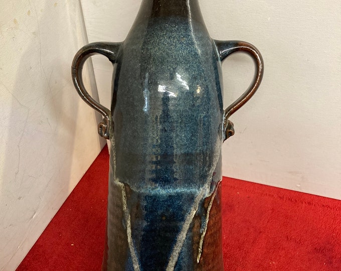 Handmade Ceramic Vase with Two Handles, Brown/Blue/Gray (As Is)