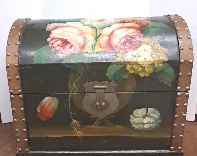 Vintage Hand Painted Wooden Fruits Hope Treasure Chest Trunk Storage Box