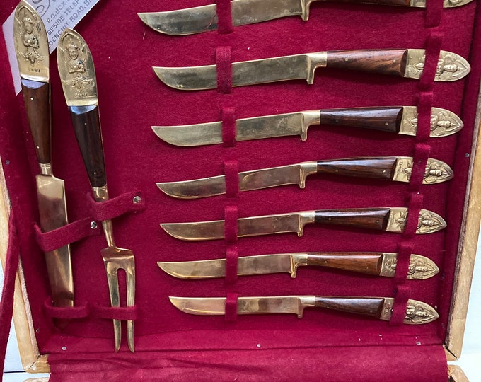 Vintage Star House Brass & Wood 29 Pc Flatware Queen Of Siam - Thailand + CASE