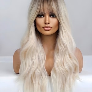 Nuevo estilo de flequillo, peluca frontal de encaje 100 % cabello humano, raíces marrones, rubio ceniza liso, cabello europeo de calidad de lujo, cabello humano rubio ondulado