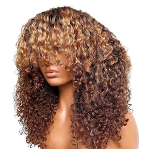 Gorgeous Highlight Ombré 100% Virgin Curly Wig, Salon Honey Blonde Brown Highlights Lowlights Virgin Hd lace front wig, Curly Bang Wig