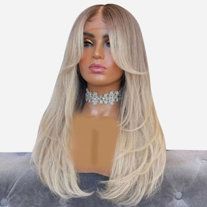 Blonde Curtain Bang Layered Ash Blonde 100% Human Hair Wig, Shadow Root European Hair Lace Front Wig, Luxury Wig HD Lace, Custom Color Unit