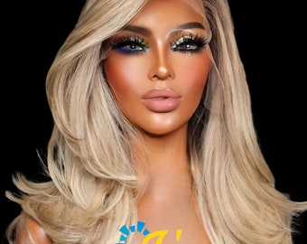 90s Layers Blowout Voluminous European Wig 100% Human Hair, Virgin Russian Human Hair Wig, Blonde balayage with dark brown roots, lowlights