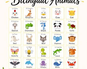 50 Bilingual Animal Flashcards, Spanish English Printable Cards, Latin American Spanish Vocabulary, Preschool Homeschool ESL Digital PDF