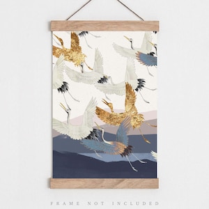 Crane print, Bathroom poster, Flying bird wall art, Bathroom wall art, Bedroom print, Mountain wall art, Boho wall art, Vintage nature art