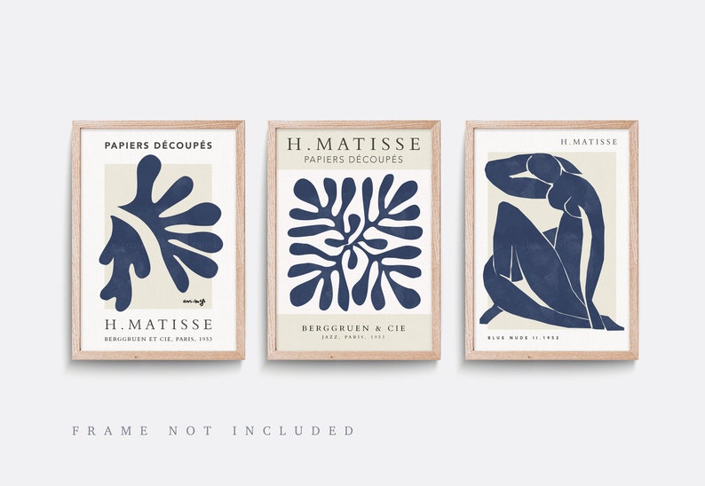 May include: Three framed prints with a minimalist design featuring blue abstract shapes on a cream background. The prints are titled "PAPIERS D&Eacute;COUP&Eacute;S" and "H. MATISSE".