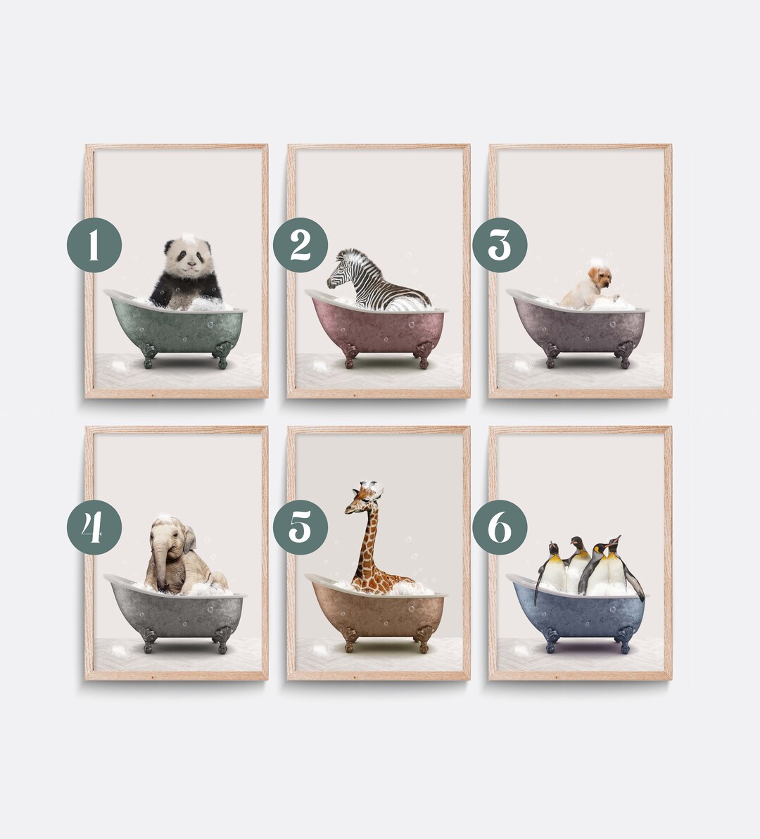 Animal in Bath Print, Animals in Bathtub Art, Bathroom Prints, Washroom