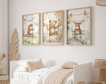 Woodland Animal Nursery Prints, Bear Art, Set of 3