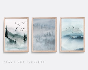 Ensemble d'impressions de paysages naturels, forêt de montagne abstraite, art mural oiseau
