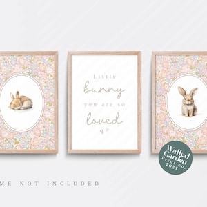 Bunny Rabbit Nursery Prints, Vintage Cottage Style Wall Art