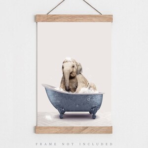 Peut inclure: Un b&eacute;b&eacute; &eacute;l&eacute;phant prend un bain dans une baignoire bleue avec des bulles blanches. L'&eacute;l&eacute;phant est assis dans la baignoire, sa trompe lev&eacute;e et ses oreilles dress&eacute;es. L'arri&egrave;re-plan est de couleur rose p&acirc;le.