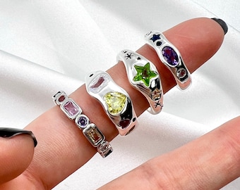 Dikke open ring met edelsteen, Y2K Retro Fashion ring, ster, hartvorm, paars, geel, groen, maat verstelbare ring