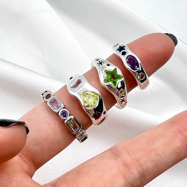 Chunky offener Ring mit Edelstein, Y2K Retro-Mode Ring, Stern, Herzform, lila, gelb, grün, Größe verstellbarer Ring