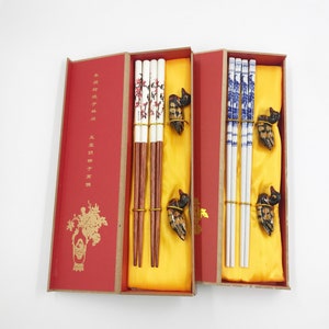2 pairs Good Fortune Blue-and-white Porcelain Ceramic, Wooden Chopsticks with gift box and holders