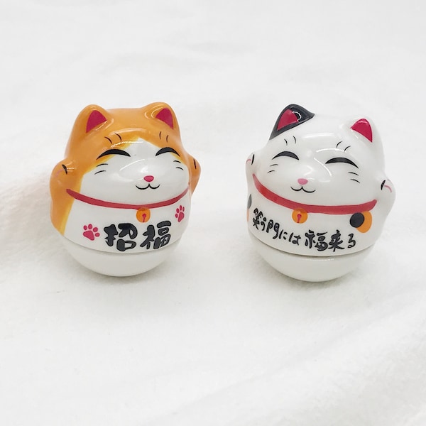 Roly-Poly Lucky Cat Maneki Neko Tumbler, Roly-Poly Toy, White, Orange