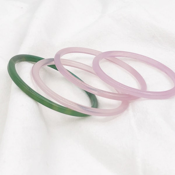 4 mm Thin Natural Green, Pink Agate Bangle, Gemstone Bangle Bracelet