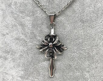 Silver Highly Polished Stainless Steel Cross Pendant Necklace Set