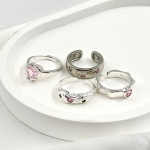 Y2K Retro Fashion Pink Heart shape Gemstone Silver Plated Ring, Irregular, Chunky, Band Ring, Adjustable Open Ring