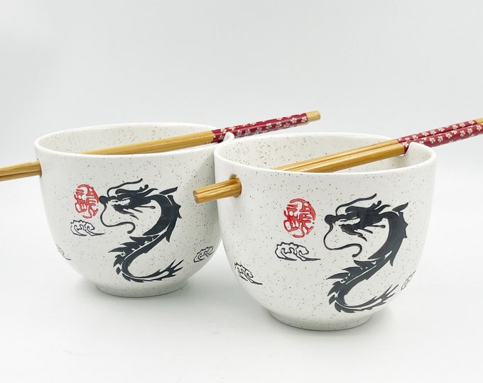SET OF 2 Japanese Ramen Udon Noodle Bowl  5"with Chopsticks Gift , Ceramic Bowl, Flower, Dragon, Lucky Cat