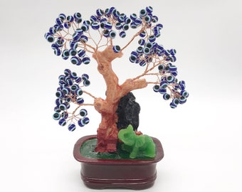 Feng Shui Elephant with Blue Evil Eyes Wealth Lucky Tree, Small Evil Eyes