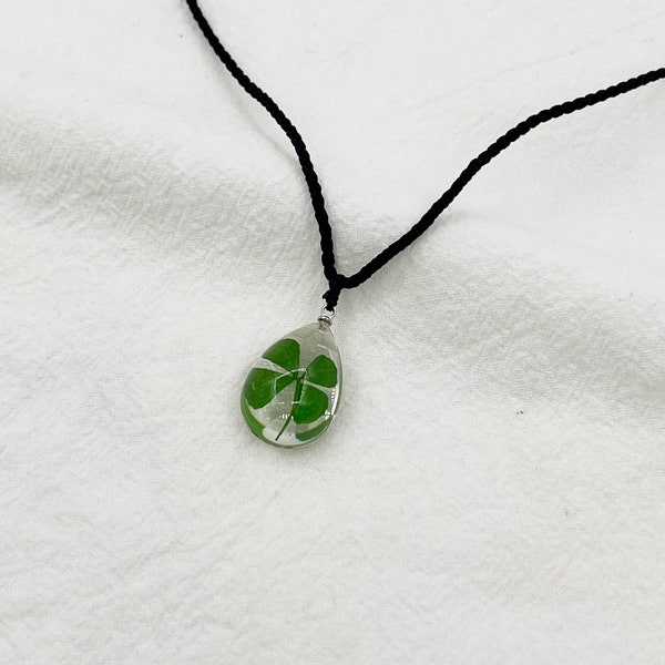 Pressed Flower, Dried Four Leaf Clover Pendant Necklace, Lucky Gift for girls or boys