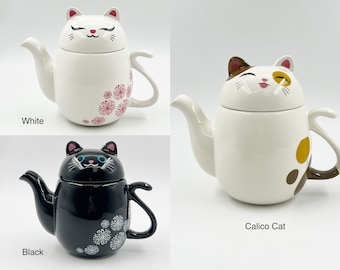 Japanese Cat Teapot, Cute Ceramic Cat Teapot 22 oz with Stainless Steel Strainer