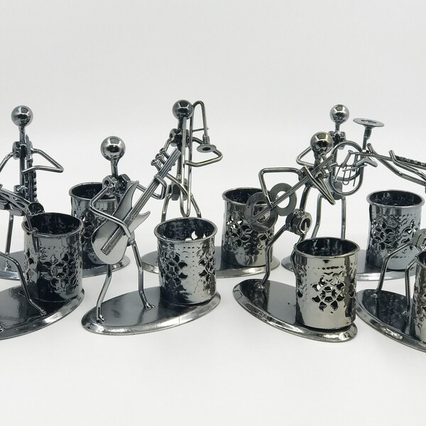 Metal Art Pen Pencil Holder with a Musician Playing Music instruments,  Home Office Decoration Work Desk Organizer