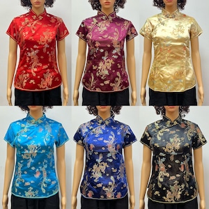 Chinese Cheongsam Shirt Short Sleeve China Blouse Dragon and Phoenix for Women