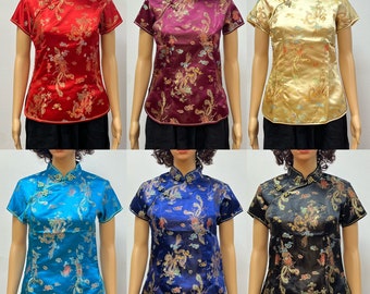 Chinese Cheongsam Shirt Short Sleeve China Blouse Dragon and Phoenix for Women