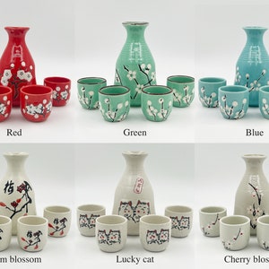 Ceramic Japanese Sake Set, 1 Tokkuri Bottle (10 oz) and 4 Ochoko Cups (2 oz)
