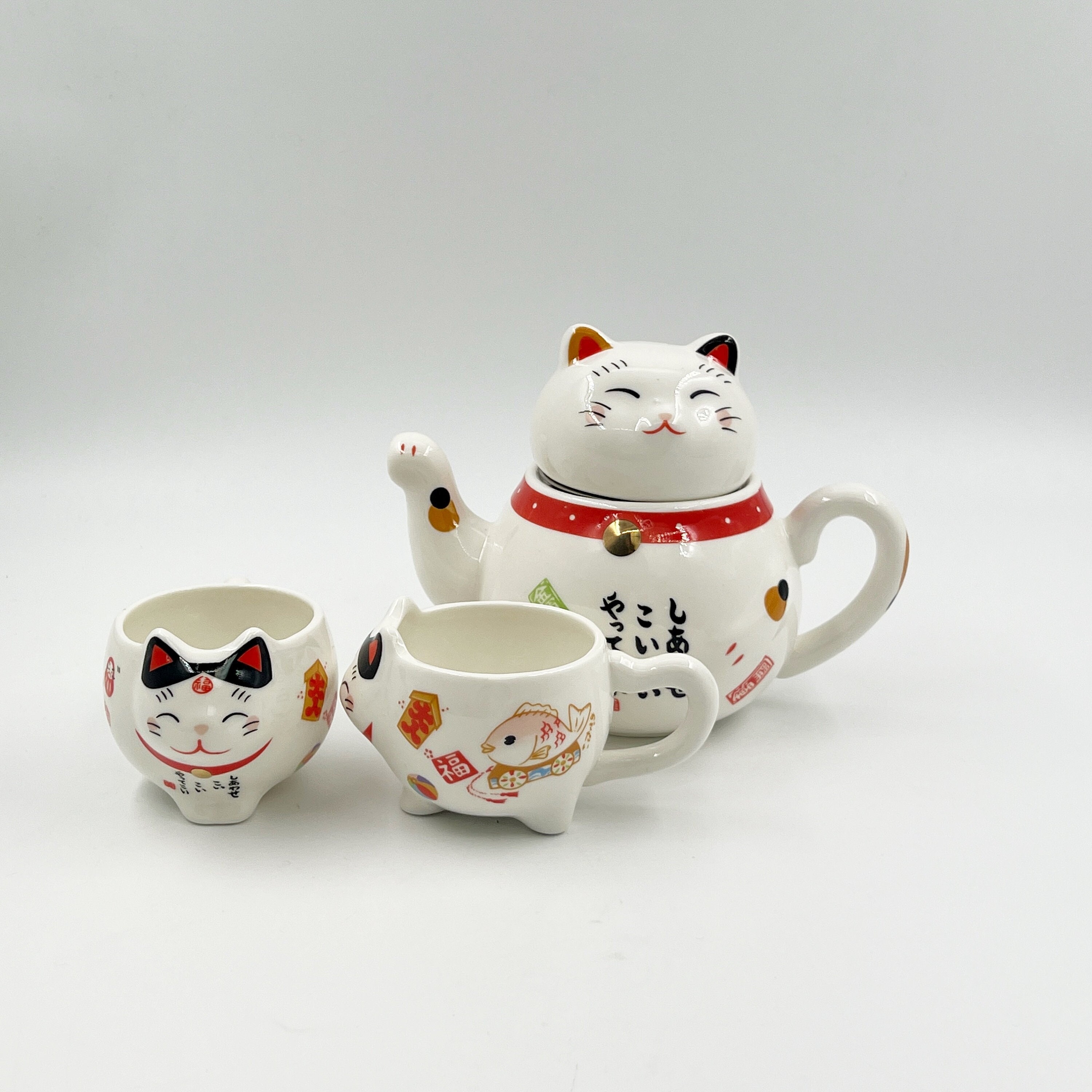 Firlar Japanese Ceramic Cat Teapot 320ML Maneki Neko Red Sturdy Coffee Pot  