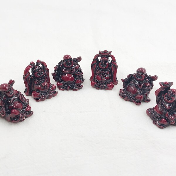 Chinese Laughing Lucky Buddha Statues, 6 Figurines Set 1", Red, Gold