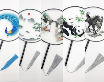 Animal, Landscape double-sided Embroidery Hand Fan, Chinese Hand Fan, Hanfu Fan, Cheongsam Fan, Retro Fan Gift