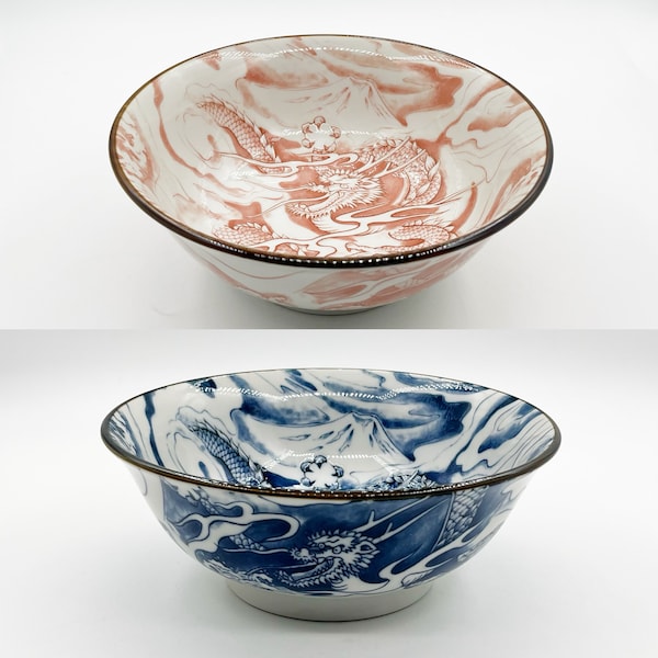 Japanese Pottery Ceramic Ramen Noodle Udon Donburi Bowl, Dragon Blue, Pink