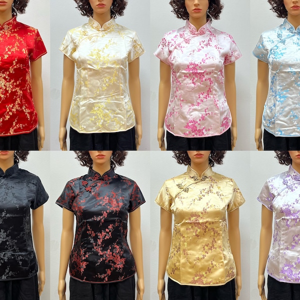 Chinese Cheongsam Plum Blossom Short Sleeve Stand Collar Buttons Slim Blouse Shirt Top For Women