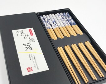 Box Gift Box Natural Wooden Chopsticks Set, Blue and White Porcelain, Flower pattern, Wood Utensil, Chopsticks Set, Eating Utensils