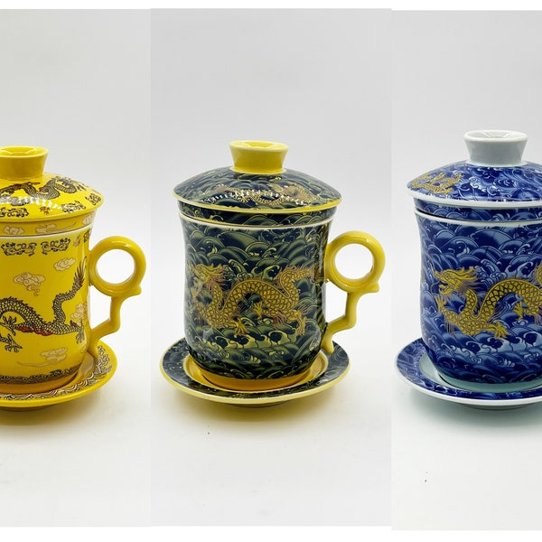 Vintage Style Chinese Loyal Dragon Ceramic Tea Cup Mug 8 fl oz, 4 Piece Tea Cup with Infuser and Lid and plate