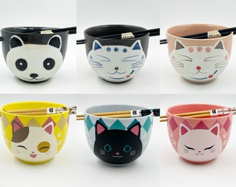 5" Japanese Ramen Udon Noodle Bowl with Chopsticks Gift , Ceramic Bowl Panda, Cat, Black Cat