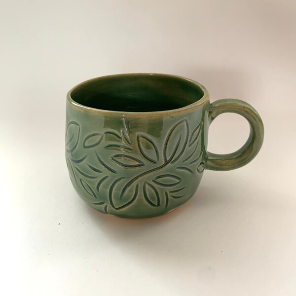 Hand-carved Ceramic Mug, Ceramic Mug, Green Ceramic Mug, Carved Ceramic Mug