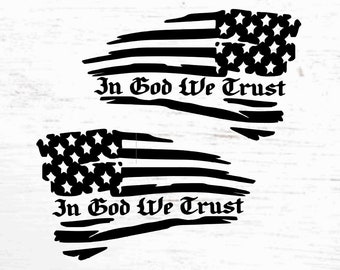American Flag In God We Trust Distressed Decals - Pair of Decals - Premium Vinyl - Subdued/Reversed